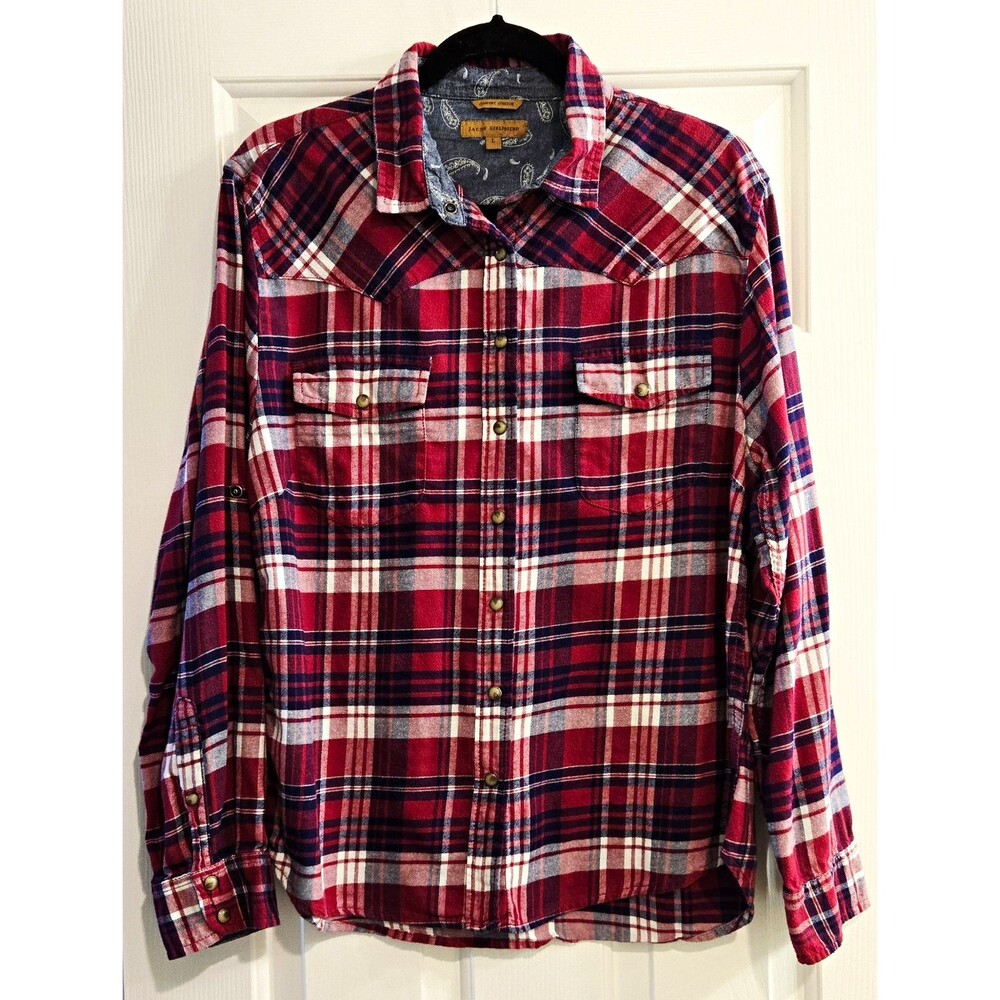 Jachs Girlfriend Bea Flannel Shirt Large Magenta Red Blurple Plaid Western Yoke